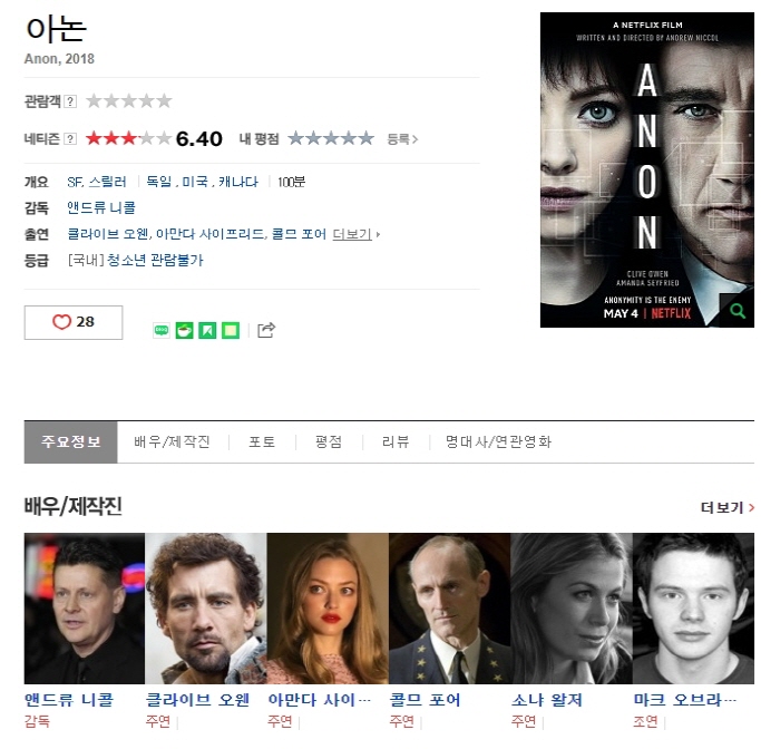 [아논] Anon 2018 Netflix 다른 사람의 사생활을 보려는 욕망 자체자막