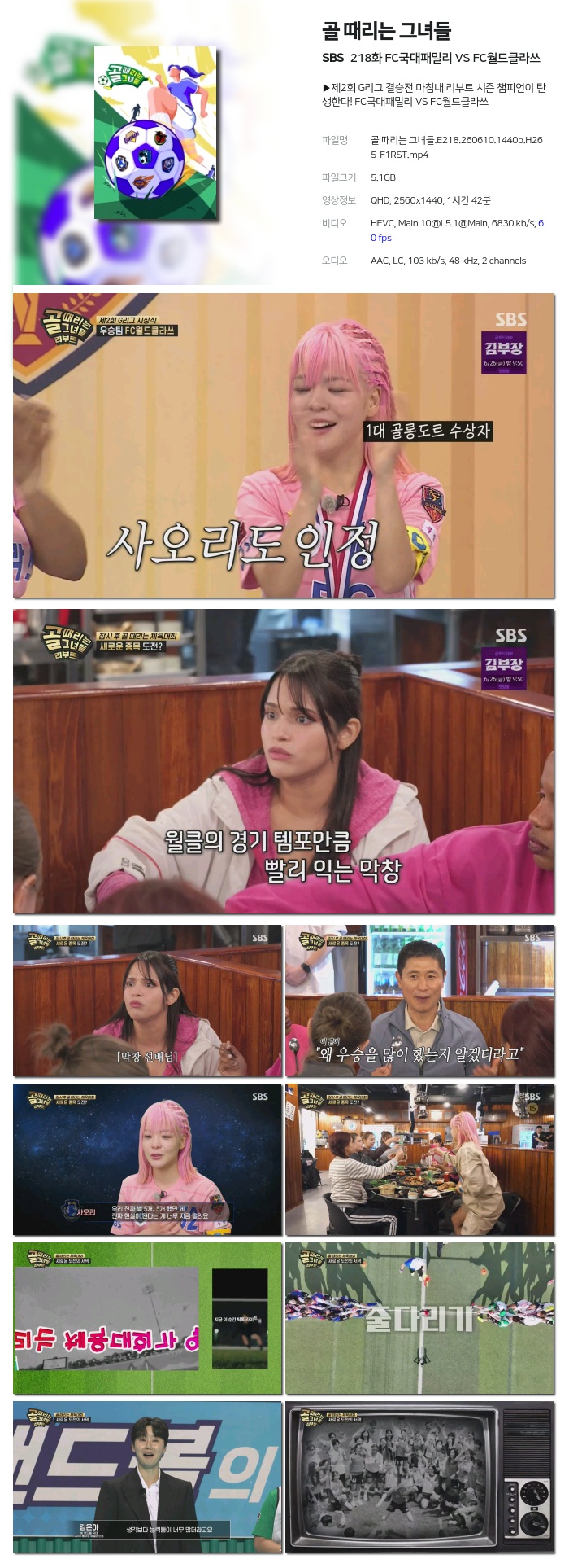 [SBS] 골 때리는 그녀들.E218.260610.1440p.H265-F1RST FC국대패밀리 VS FC월드클라쓰